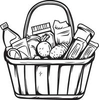 a basket full of groceries with a bottle of water and a bottle of juice vector