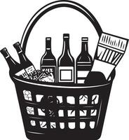 a basket full of wine and food items vector