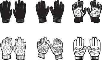 Collection of Pair of woolen gloves clean simple silhouette black vector