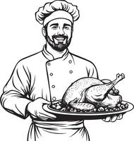 Smiling chef holding a tray with roasted turkey for thanksgiving clean simple linear outline black vector