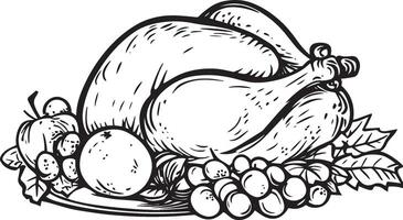 Roasted turkey with apples, grapes, orange and fruits clean simple linear outline black vector