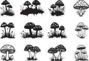 Collection of Red fly agarics in green moss clean simple silhouette black vector