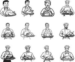 Collection of Smiling man holding a tray with roasted turkey for thanksgiving clean simple icon outline black vector