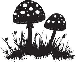 Red fly agarics in green moss clean simple icon silhouette black vector