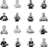 Collection of Smiling People holding a tray with roasted turkey for thanksgiving clean simple linear outline black vector