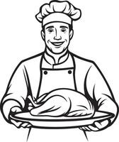 Smiling chef holding a tray with roasted turkey for thanksgiving clean simple icon outline black vector