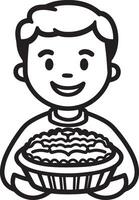 Smiling man holding pumpkin pie for thanksgiving clean simple icon outline black vector