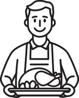 Smiling man holding a tray with roasted turkey for thanksgiving clean simple icon outline black vector