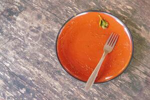Empty Plate with Fork on Wooden Table photo