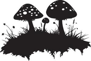 Red fly agarics in green moss clean simple silhouette black vector