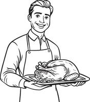 Smiling man holding a tray with roasted turkey for thanksgiving clean simple linear outline black vector