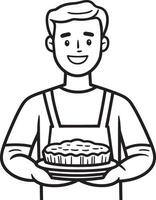 Smiling man holding pumpkin pie for thanksgiving clean simple linear outline black vector