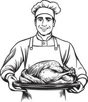 Smiling chef holding a tray with roasted turkey for thanksgiving clean simple linear outline black vector