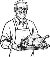 Smiling senior man holding a tray with roasted turkey for thanksgiving clean simple linear outline black vector