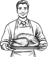 Smiling man holding a tray with roasted turkey for thanksgiving clean simple linear outline black vector
