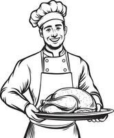 Smiling chef holding a tray with roasted turkey for thanksgiving clean simple icon outline black vector