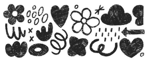 Hand drawn crayon doodles, squiggles, cloud, heart and flower. Abstract funky shapes and arrow with chalk texture. Childish illustration. vector