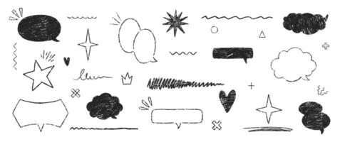 Set of hand drawn grunge crayon, charcoal, chalk speech bubbles and highlights. Outline text boxes with emphasis. Japan handwritten illustration on a white background. vector