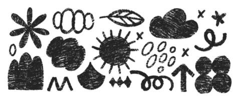 Hand drawn crayon doodles, squiggles, flower, arrow and sun. Abstract funky shapes and arrow with chalk texture. Childish illustration. vector
