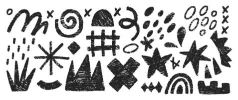 Hand drawn crayon doodles, squiggles, rainbow, grid and crown. Abstract funky shapes and arrow with chalk texture. Childish illustration. vector
