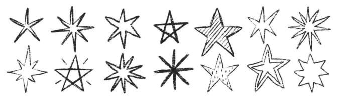 Crayon twinkle, blink, firework, stars and glowing symbols in sketch style. Grunge chalk figure on a white background. Texture illustration. vector
