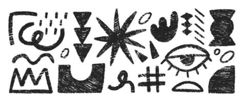Hand drawn crayon doodles, squiggles, crown, arrow and eye. Abstract funky shapes and arrow with chalk texture. Childish illustration. vector