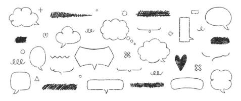 Set of hand drawn grunge crayon, charcoal, chalk speech bubbles, zigzag, heart and strikethrough. Outline text boxes with emphasis. Japan handwritten illustration on a white background. vector
