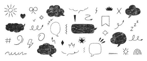 Set of childish hand drawn crayon, charcoal, chalk speech bubbles. Outline text boxes with emphasis. Japan handwritten illustration on a white background. vector