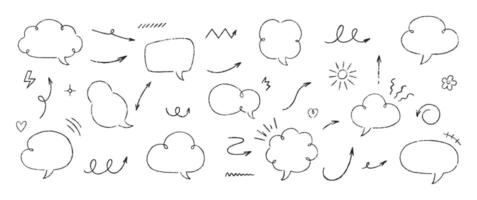 Set of text boxes and speech bubbles with crayon or chalk texture. Outline shapes and arrows. Japan handwritten illustration on a white background. vector
