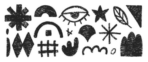 Hand drawn pencil doodles, squiggles, eye, corner and star. Abstract funky shapes and arrow with crayon or chalk texture. Childish illustration. vector