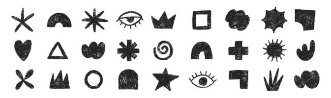 Set of hand drawn simple shapes of heart, flower, star, cloud with crayon or chalk texture. Doodle design elements for school. illustration for kids. vector