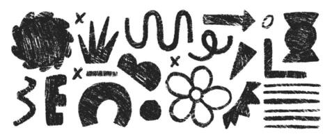 Hand drawn pencil doodles, squiggles, crown, corner and grid. Abstract funky shapes and arrow with crayon or chalk texture. Childish illustration. vector