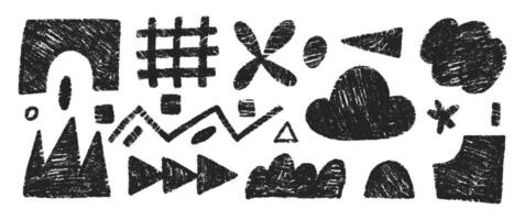 Hand drawn pencil doodles, squiggles and scribbles. Abstract funky shapes with crayon or chalk texture. Childish illustration. vector