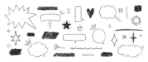 Set of hand drawn grunge crayon, charcoal, chalk speech bubbles, star and hearts. Outline text boxes with emphasis. Japan handwritten illustration on a white background. vector