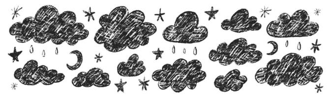 Set of crayon clouds. stars and drops. Hand drawn black kids crayon illustration isolated on white background. vector