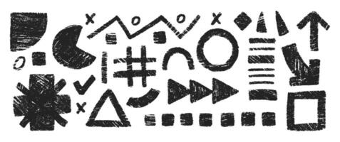 Hand drawn crayon doodles, squiggles, triangle, arrow and grid. Abstract funky shapes and arrow with chalk texture. Childish illustration. vector