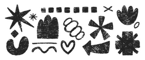 Hand drawn pencil doodles, squiggles and star. Abstract funky shapes and arrow with crayon or chalk texture. Childish illustration. vector