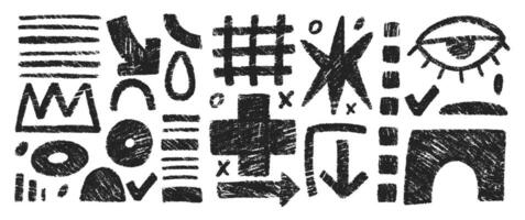Hand drawn crayon doodles, squiggles, star, cross and grid. Abstract funky shapes and arrow with chalk texture. Geometric illustration. vector