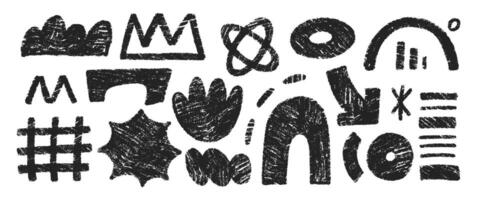 Hand drawn crayon doodles, squiggles, crown, arrow and grid. Abstract funky shapes and arrow with chalk texture. Childish illustration. vector