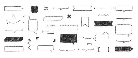 Set of text boxes and speech bubbles with crayon or chalk texture. Outline frames and arrows. Japan handwritten illustration on a white background. vector