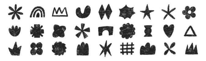 Set of abstract shapes of heart, flower, star, grid with crayon or chalk texture. Doodle design elements for school. Childish illustration. vector