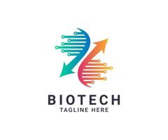 Biotech development logo icon template design for healthcare and medical services. Genetics and dna helix symbol with arrow growth icon for biotechnology development logo. vector