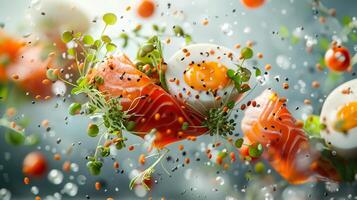 A variety of food items such as salmon, egg, and sprouts are floating in the air. Close up. photo