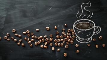 Chalk drawing of a steaming cup and coffee beans on a blackboard. Coffee cup for a breakfast in the morning. Hot drink in a mug. Cup Hand draw for cafe, coffee menu. photo
