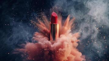 Red lipstick with powder explosion isolated on colorful background. Red lipstick with a splash of red color. Creative lipstick design images. Cosmetic care idea. photo