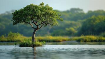 A lone tree stands on a small island in the middle of a serene body of water, surrounded by lush greenery in the background, bathed in soft, warm light, evoking a peaceful, natural scene. photo