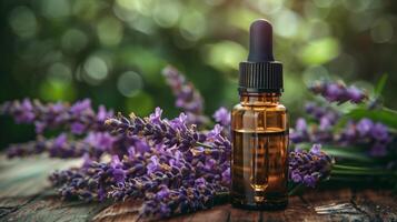 Featuring lavender essential oil in a small glass dropper bottle, surrounded by fresh lavender flowers. Set on a rustic wooden table with a soft-focus, close up. photo