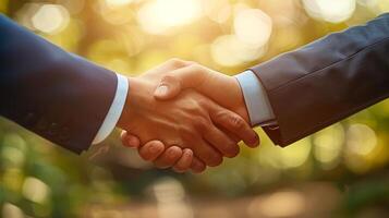 Handshake between business partners. Business shaking hands with partner, outdoors. Business people shaking hands teamwork. Successful cooperation under contract. photo
