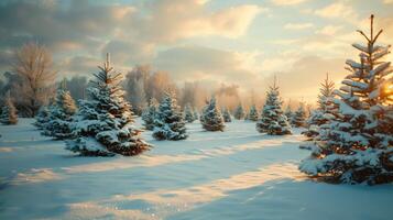 Christmas tree farm with rows of evergreen trees in a snow covered field. Beautiful natural winter background in the style of vintage color tones. photo