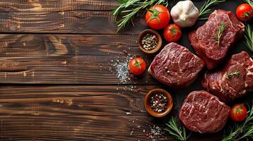 Beef steaks and raw meat on a wooden background with copy space for text, in a top view. Beef and fresh vegetables and spices for cooking in the kitchen from a top down perspective. photo